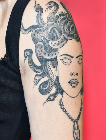 Victoria Pendleton's Medusa tattoo on her left upper arm.
